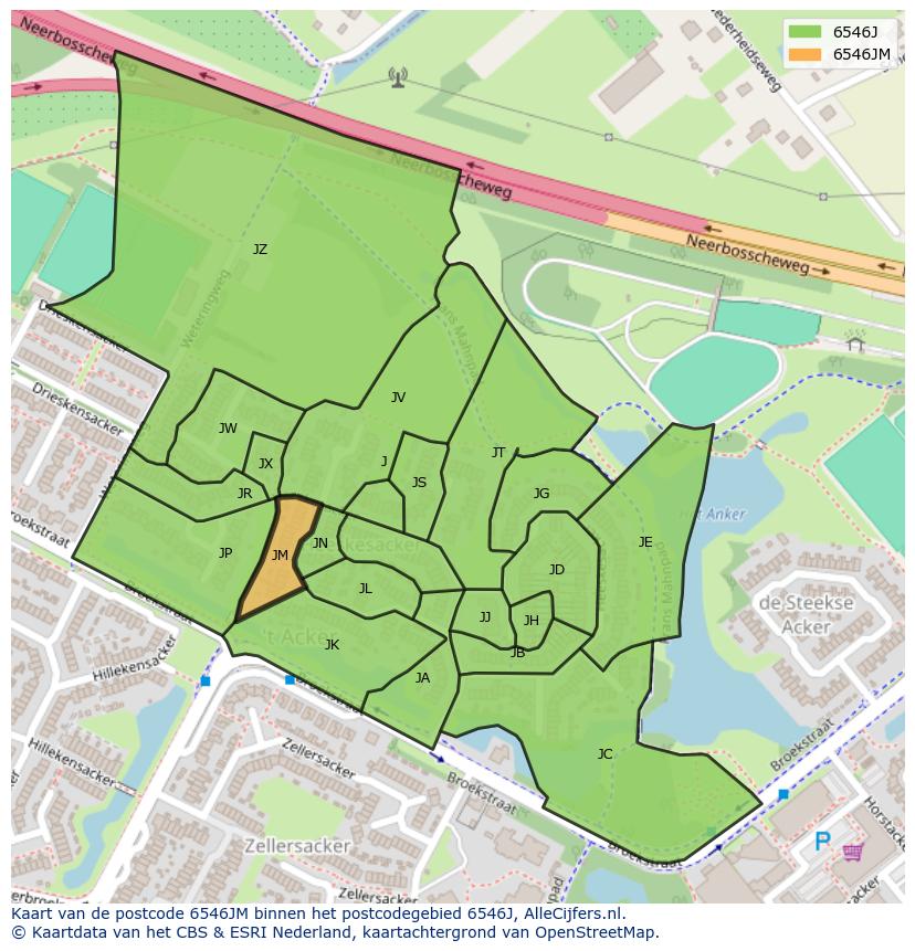 Afbeelding van het postcodegebied 6546 JM op de kaart.