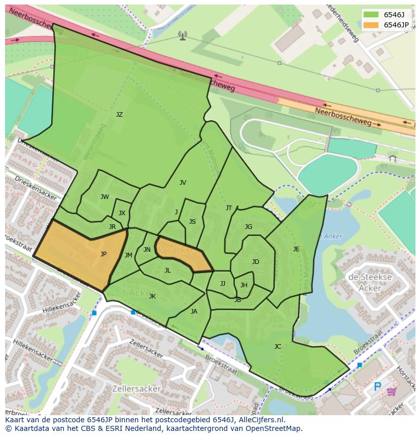 Afbeelding van het postcodegebied 6546 JP op de kaart.