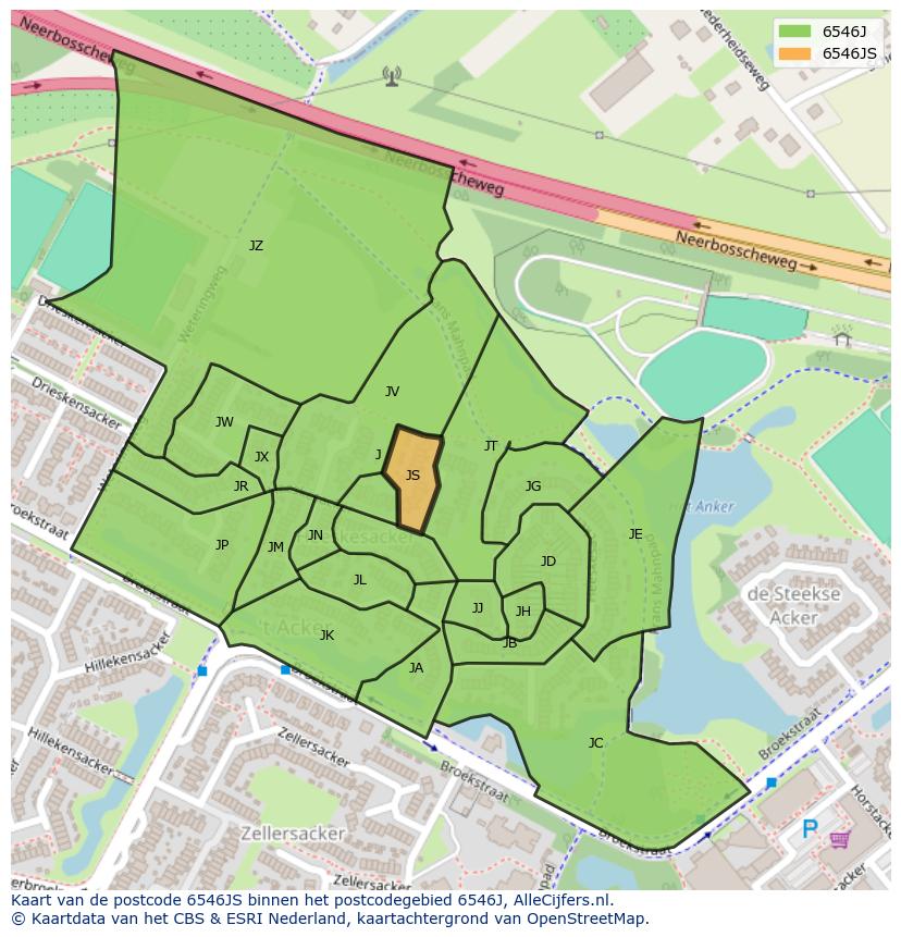 Afbeelding van het postcodegebied 6546 JS op de kaart.