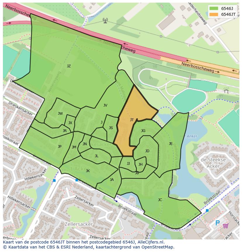 Afbeelding van het postcodegebied 6546 JT op de kaart.