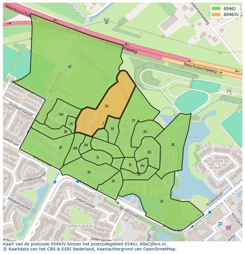 Afbeelding van het postcodegebied 6546 JV op de kaart.