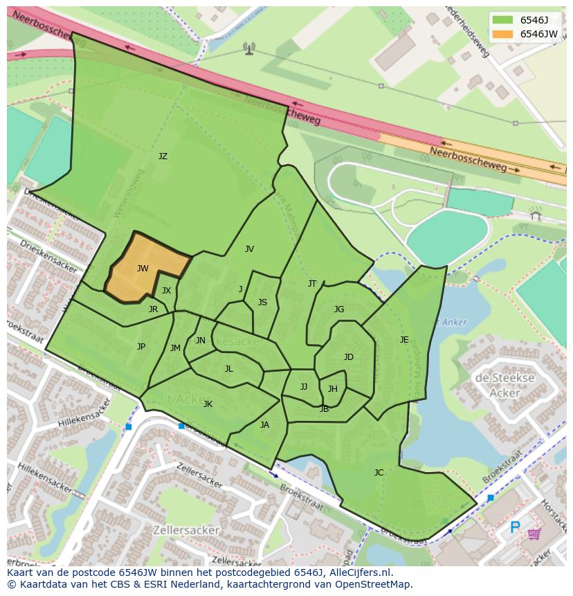 Afbeelding van het postcodegebied 6546 JW op de kaart.