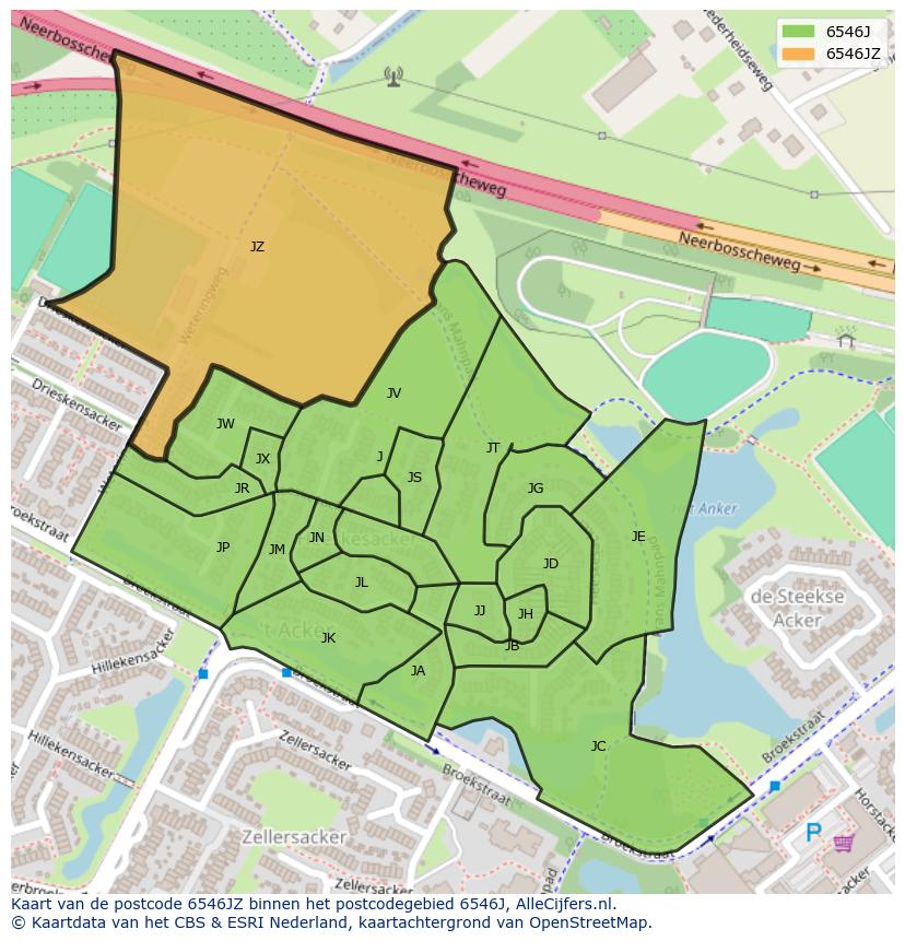Afbeelding van het postcodegebied 6546 JZ op de kaart.
