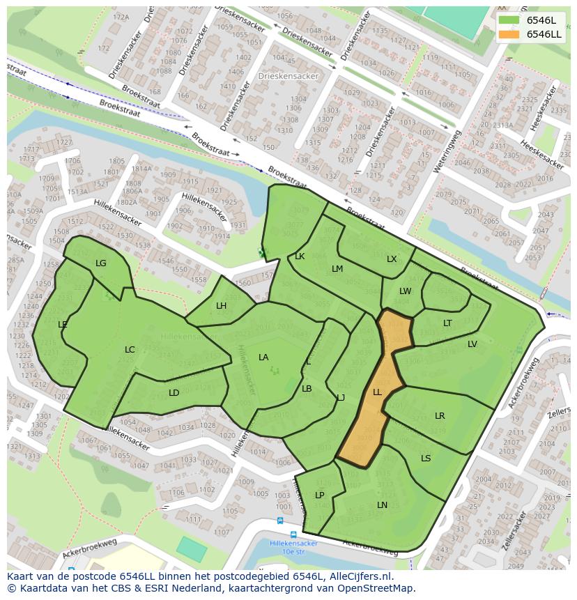 Afbeelding van het postcodegebied 6546 LL op de kaart.