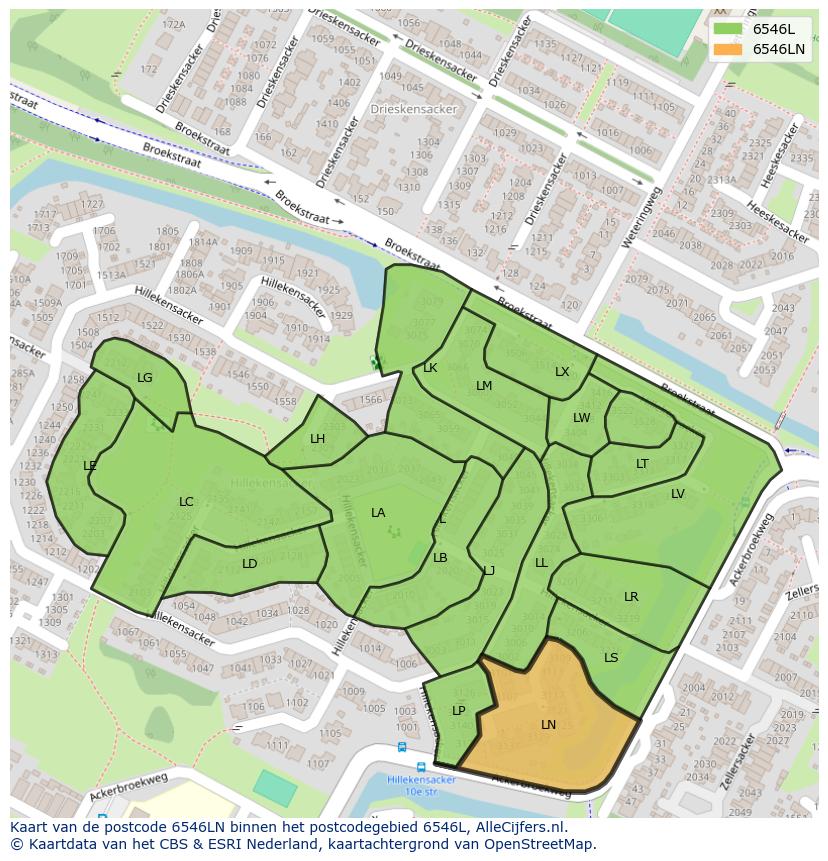 Afbeelding van het postcodegebied 6546 LN op de kaart.
