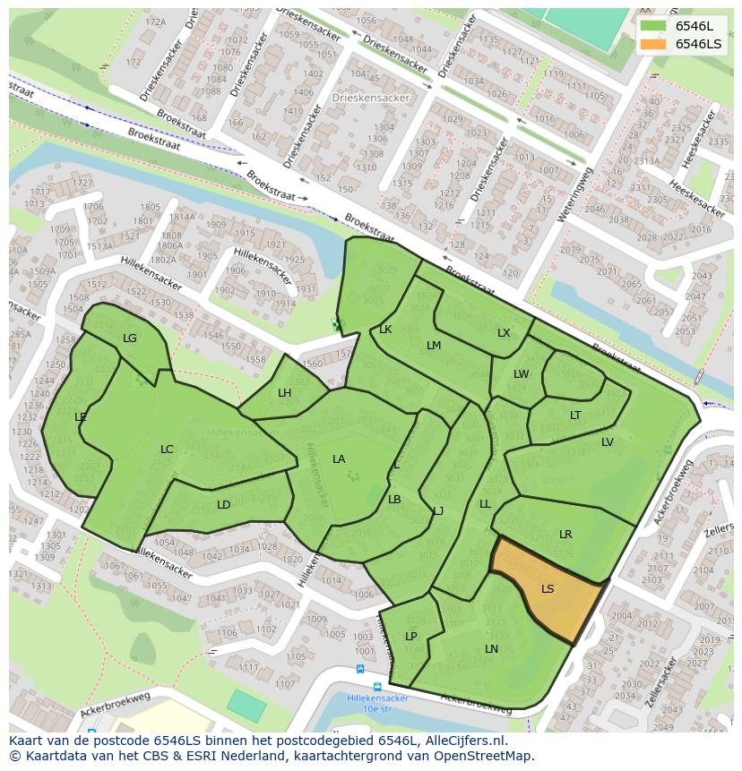 Afbeelding van het postcodegebied 6546 LS op de kaart.