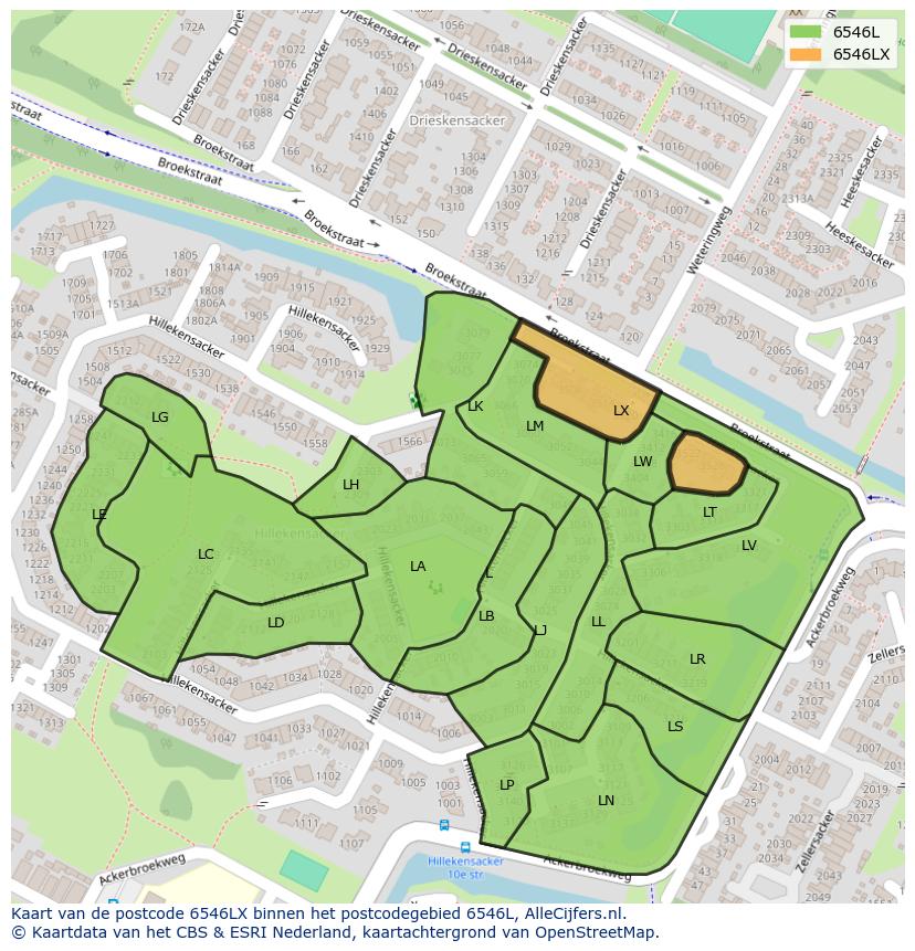 Afbeelding van het postcodegebied 6546 LX op de kaart.