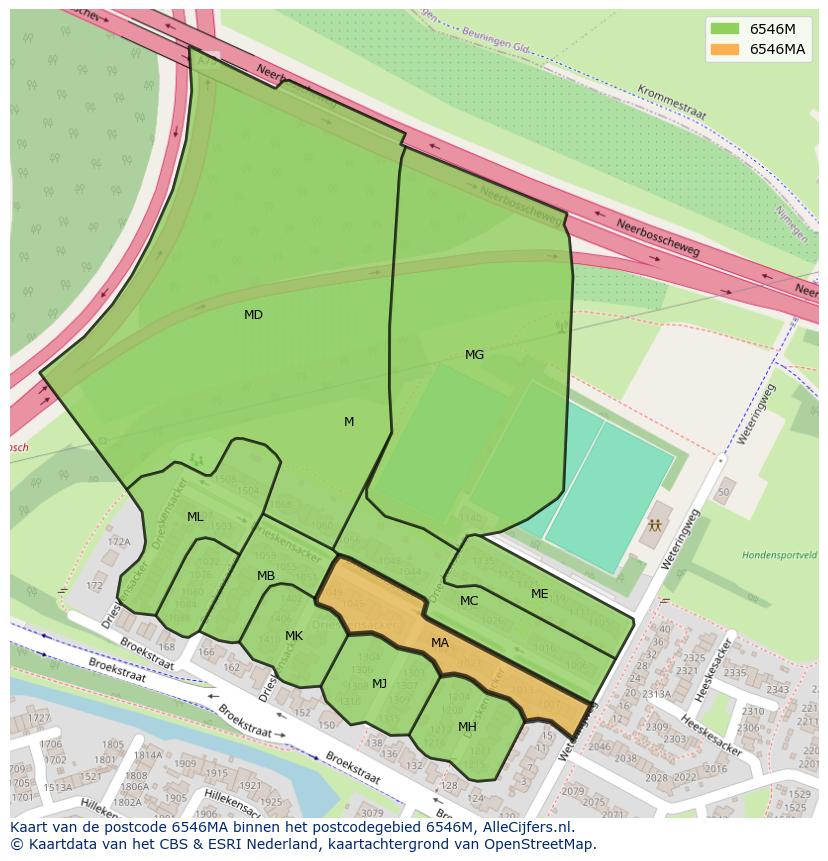 Afbeelding van het postcodegebied 6546 MA op de kaart.