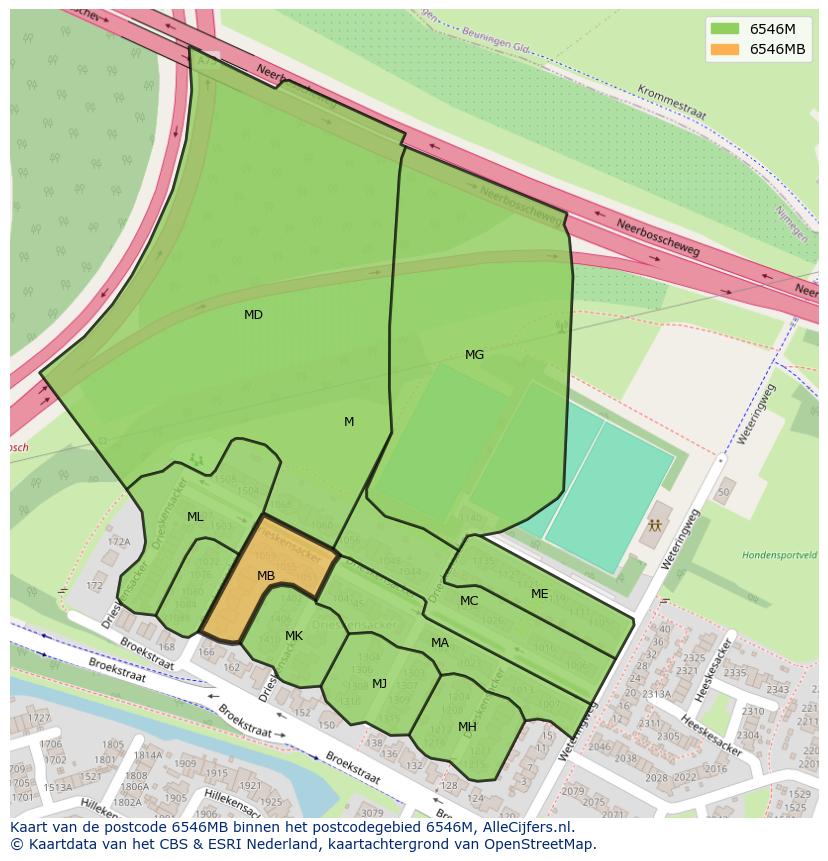 Afbeelding van het postcodegebied 6546 MB op de kaart.