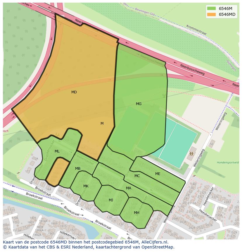 Afbeelding van het postcodegebied 6546 MD op de kaart.