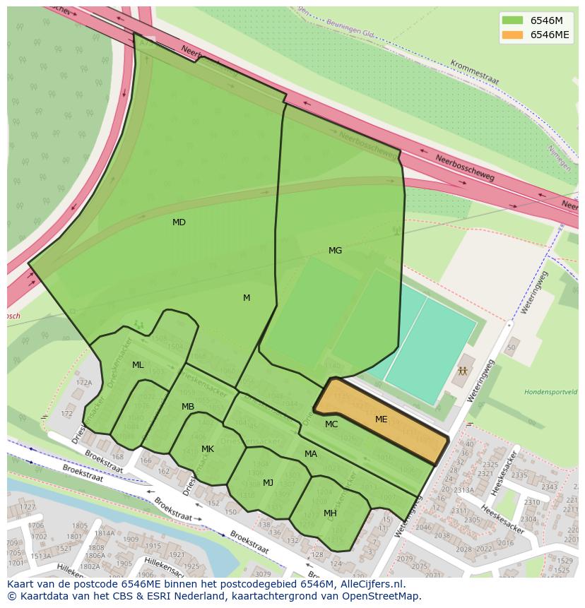 Afbeelding van het postcodegebied 6546 ME op de kaart.