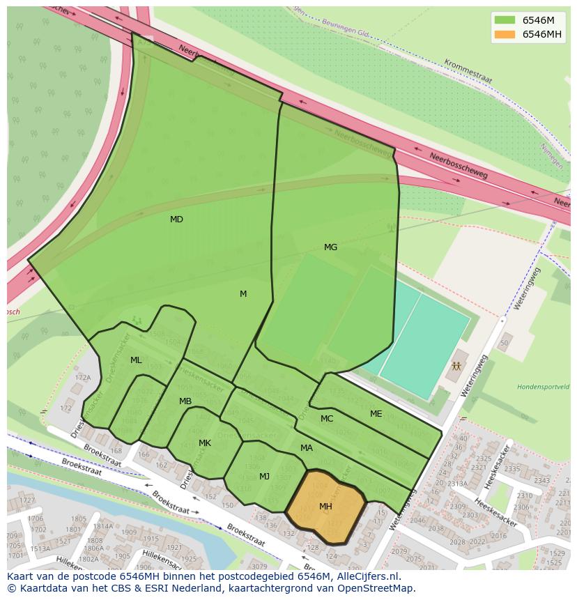 Afbeelding van het postcodegebied 6546 MH op de kaart.