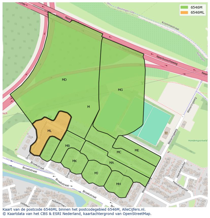 Afbeelding van het postcodegebied 6546 ML op de kaart.