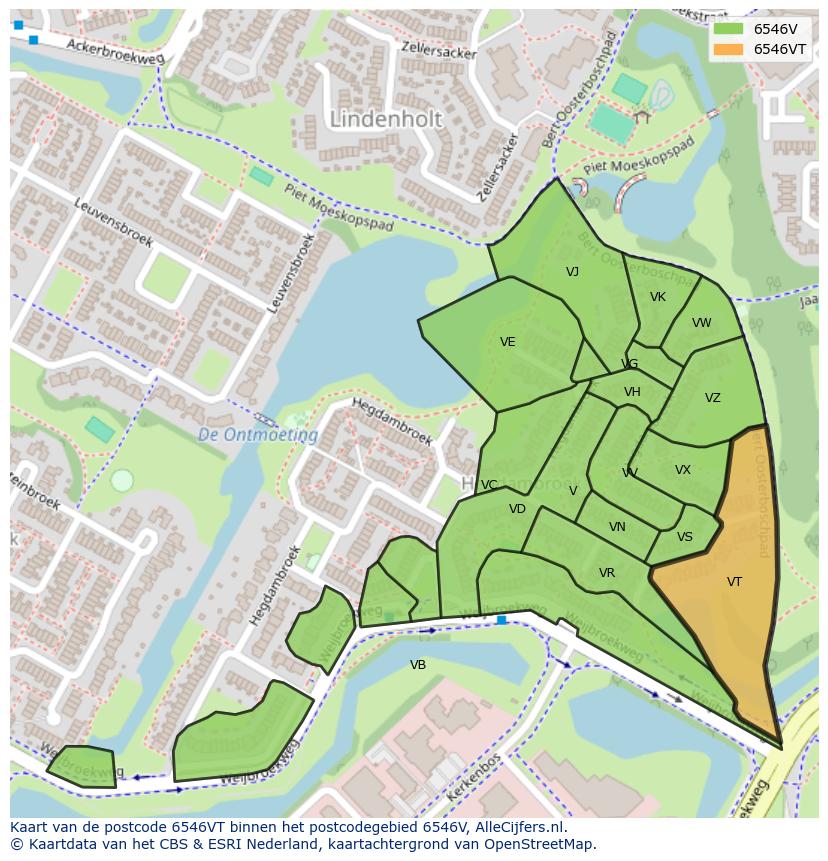 Afbeelding van het postcodegebied 6546 VT op de kaart.