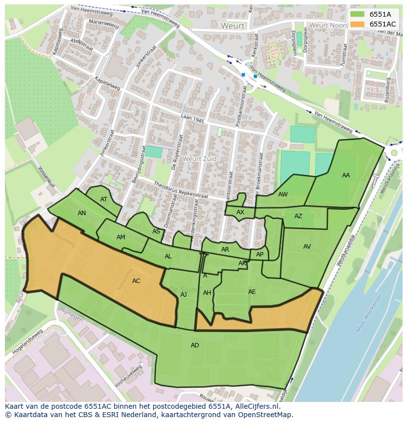 Afbeelding van het postcodegebied 6551 AC op de kaart.