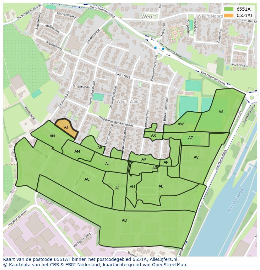 Afbeelding van het postcodegebied 6551 AT op de kaart.