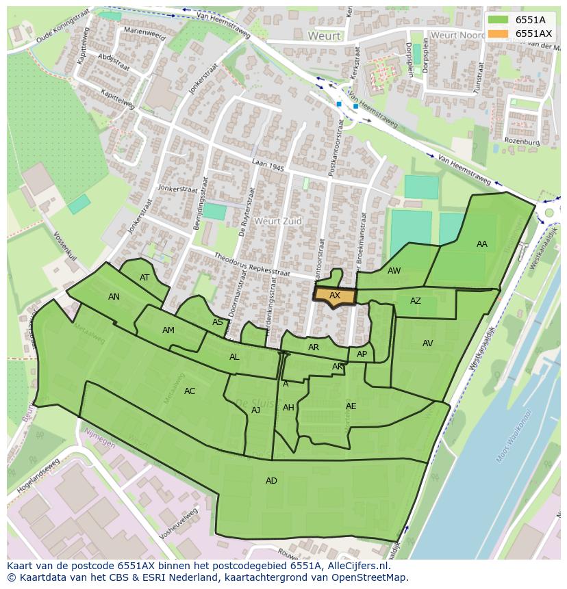 Afbeelding van het postcodegebied 6551 AX op de kaart.
