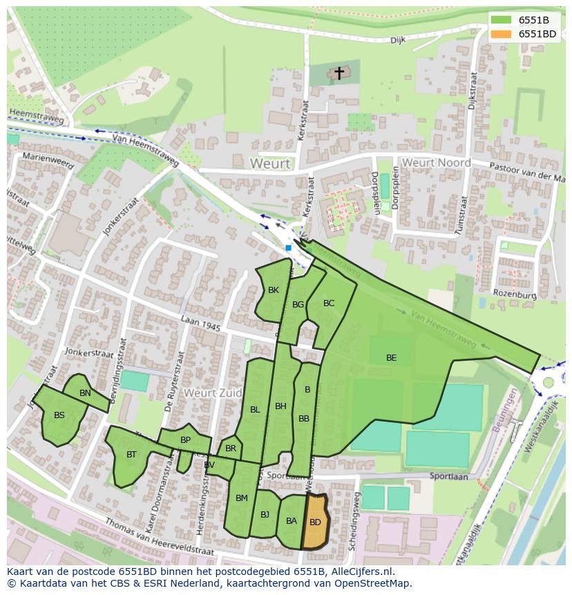 Afbeelding van het postcodegebied 6551 BD op de kaart.