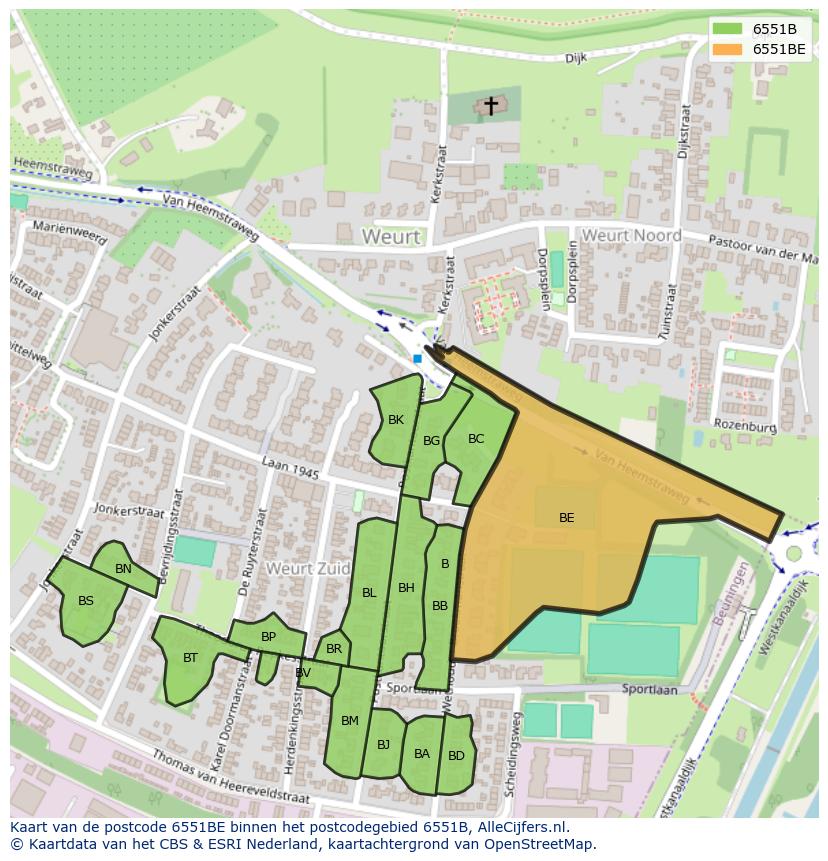 Afbeelding van het postcodegebied 6551 BE op de kaart.