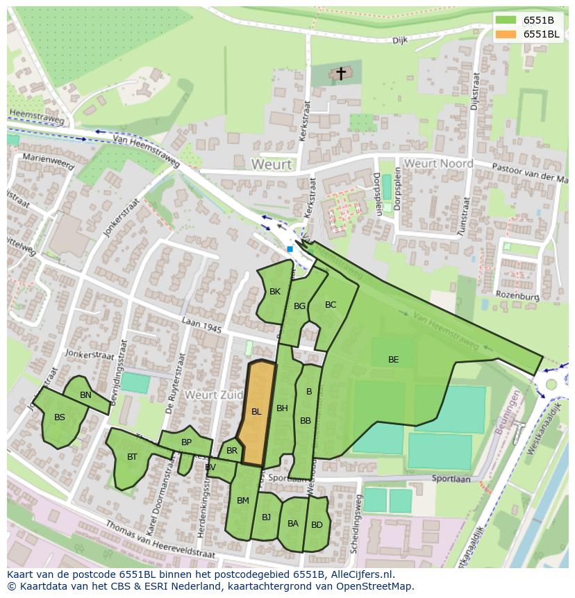 Afbeelding van het postcodegebied 6551 BL op de kaart.