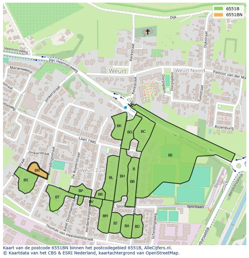Afbeelding van het postcodegebied 6551 BN op de kaart.