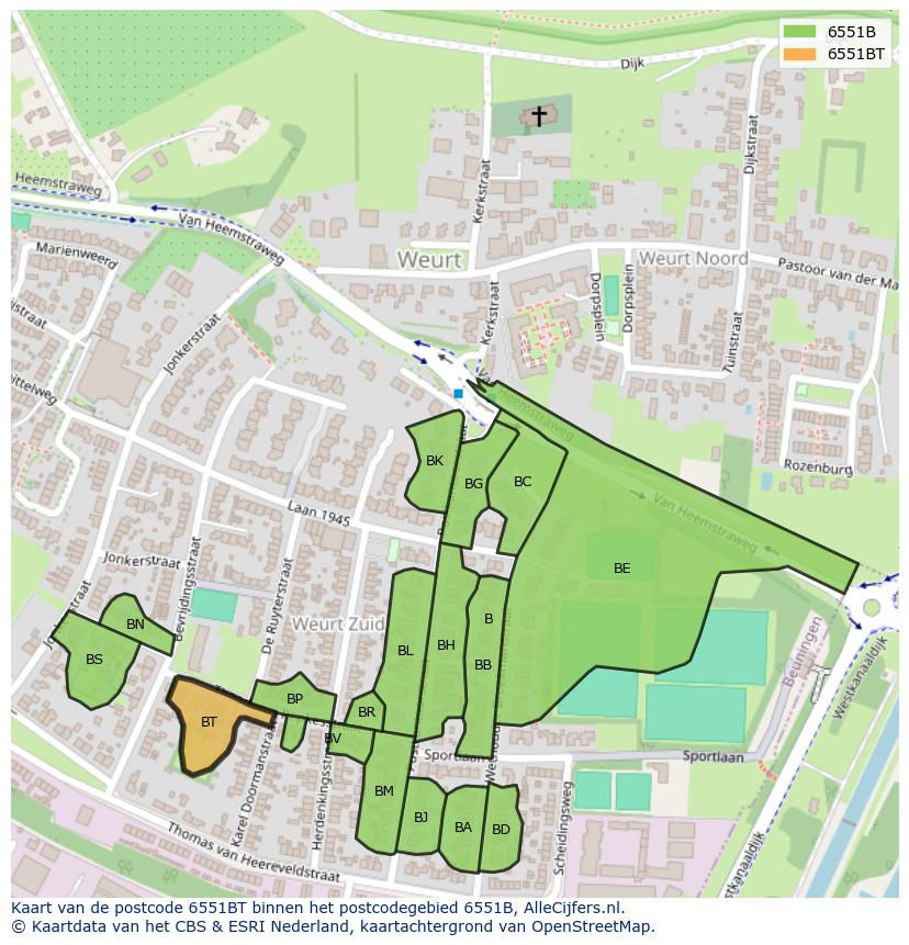 Afbeelding van het postcodegebied 6551 BT op de kaart.