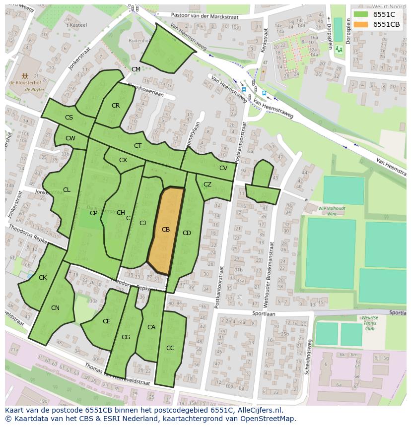Afbeelding van het postcodegebied 6551 CB op de kaart.