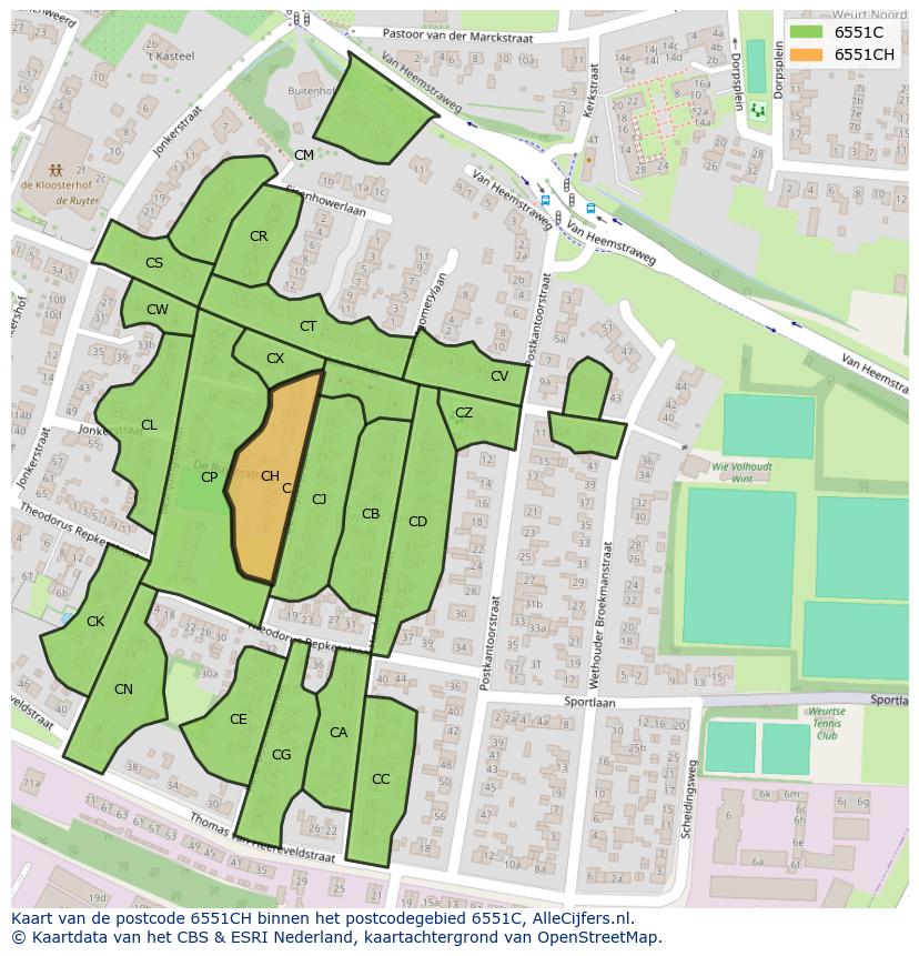 Afbeelding van het postcodegebied 6551 CH op de kaart.