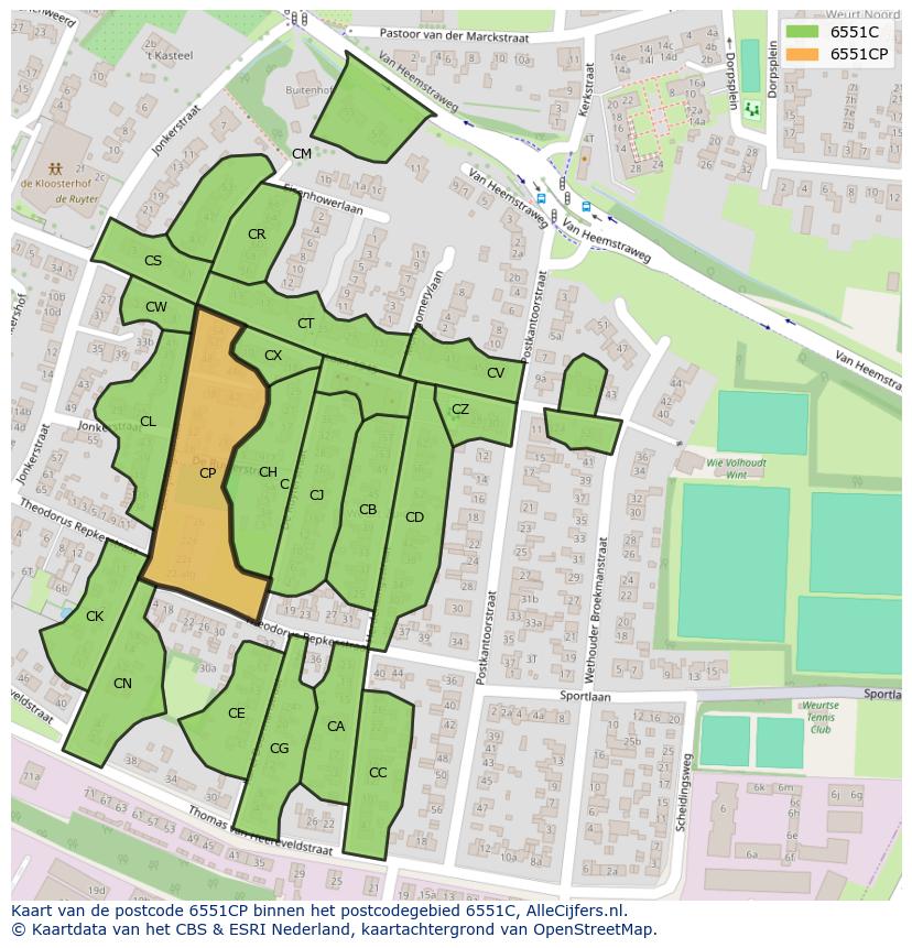Afbeelding van het postcodegebied 6551 CP op de kaart.