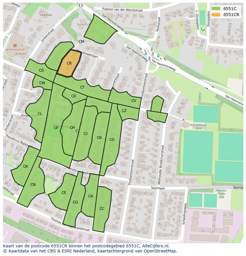 Afbeelding van het postcodegebied 6551 CR op de kaart.