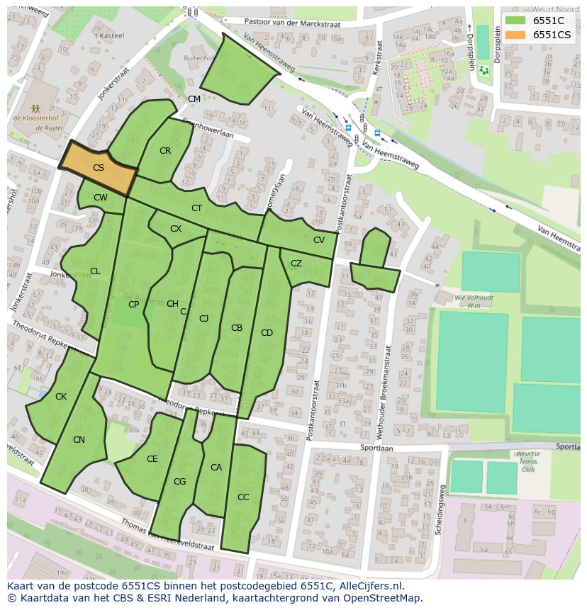 Afbeelding van het postcodegebied 6551 CS op de kaart.