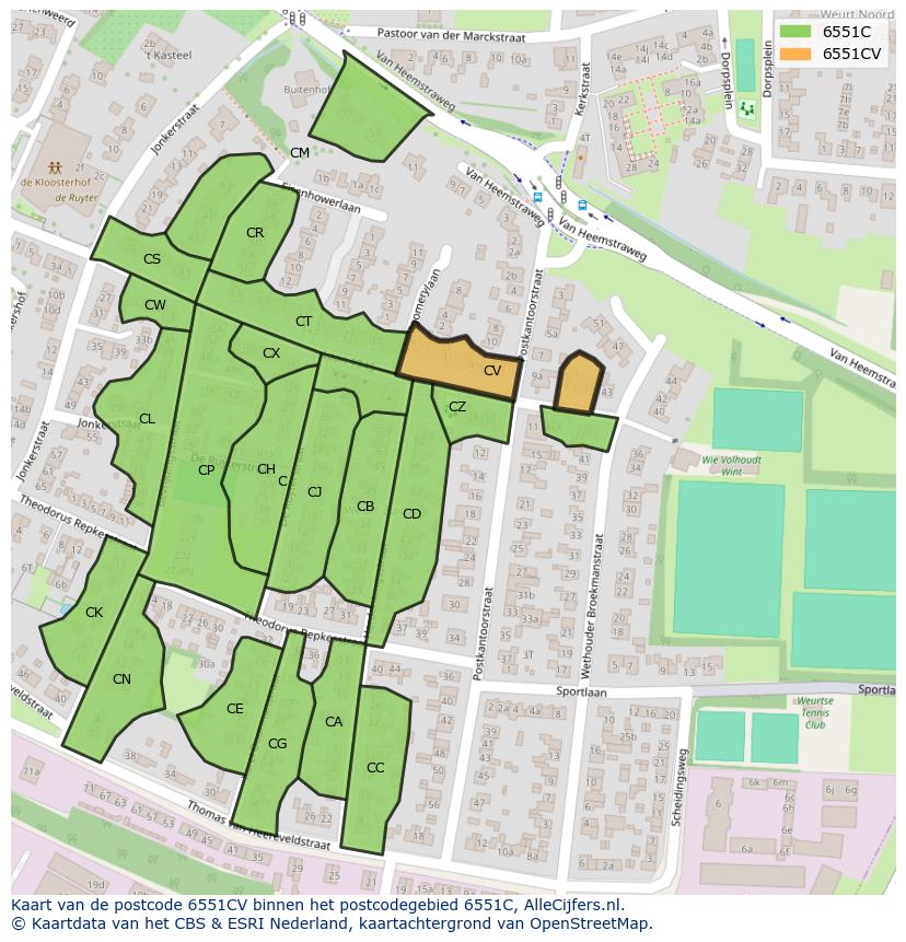 Afbeelding van het postcodegebied 6551 CV op de kaart.