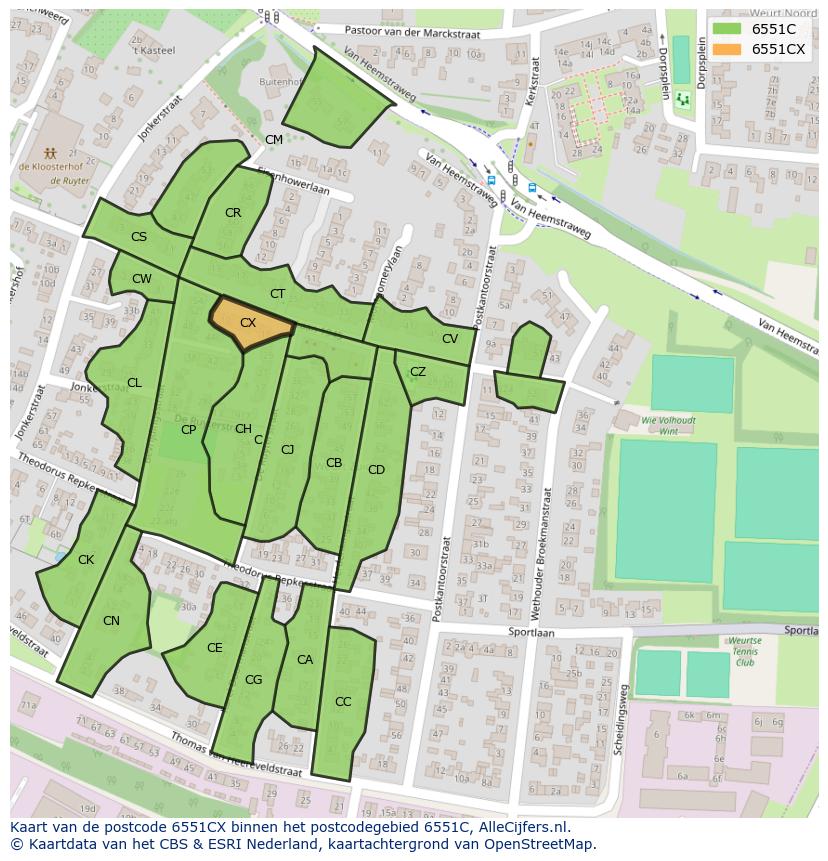 Afbeelding van het postcodegebied 6551 CX op de kaart.
