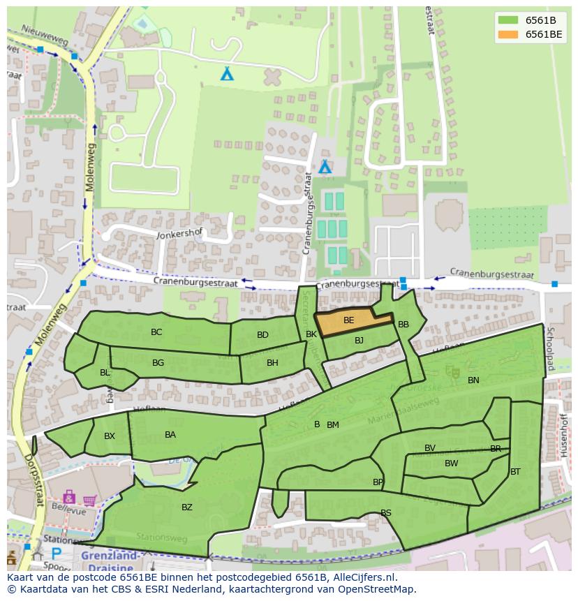 Afbeelding van het postcodegebied 6561 BE op de kaart.