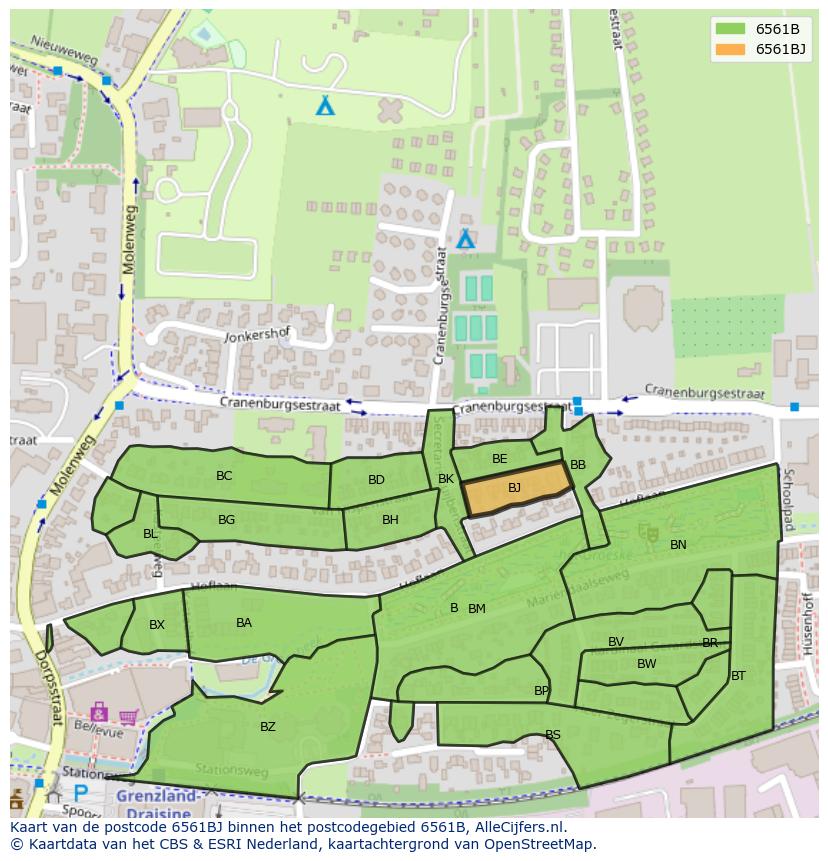 Afbeelding van het postcodegebied 6561 BJ op de kaart.