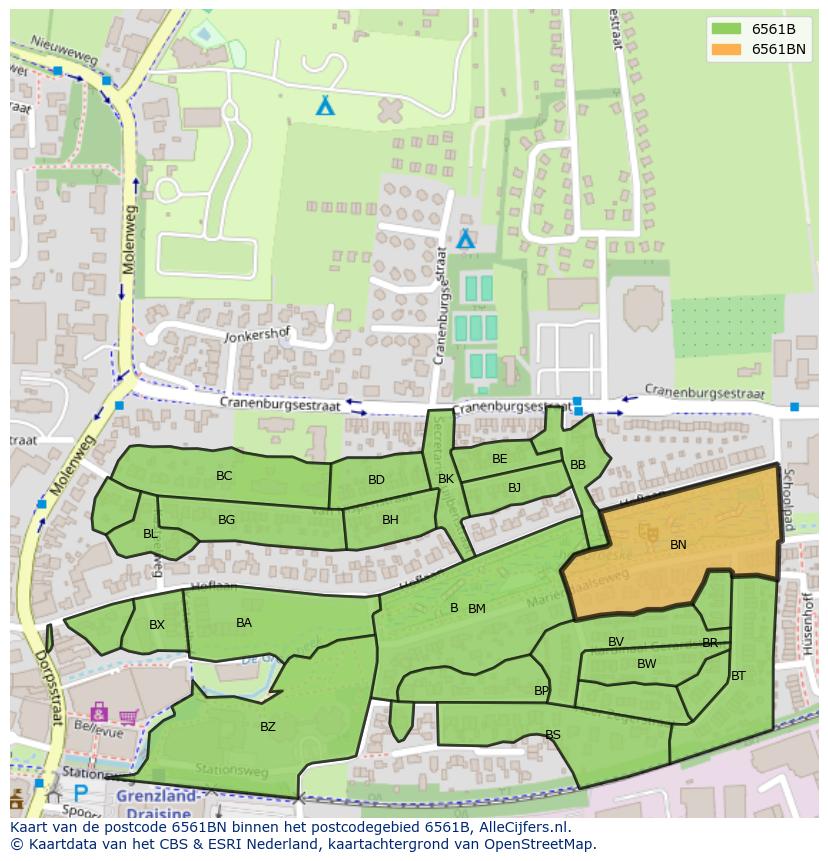 Afbeelding van het postcodegebied 6561 BN op de kaart.