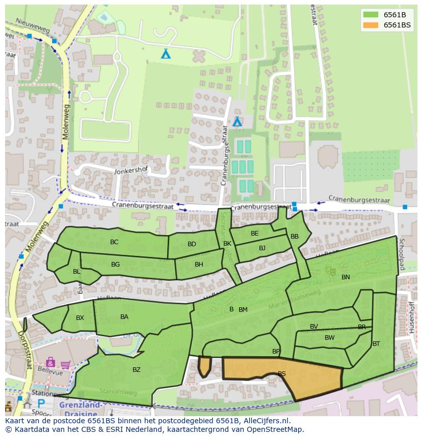 Afbeelding van het postcodegebied 6561 BS op de kaart.