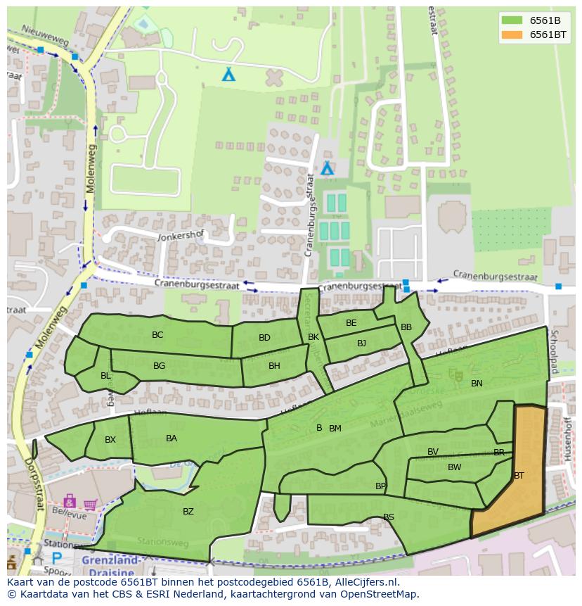 Afbeelding van het postcodegebied 6561 BT op de kaart.