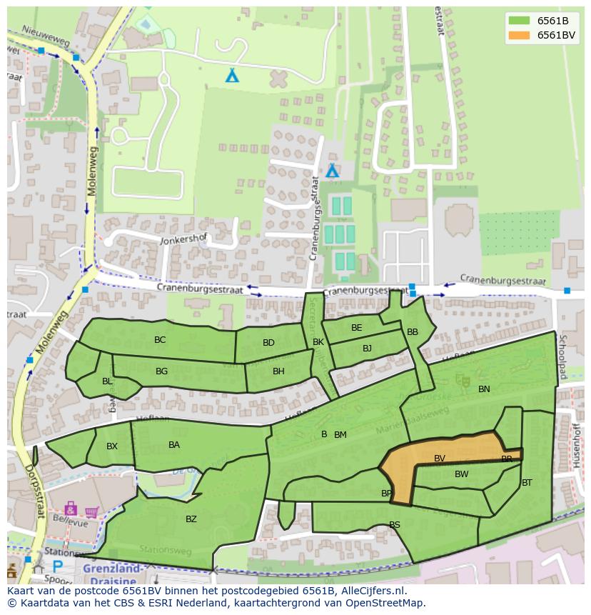 Afbeelding van het postcodegebied 6561 BV op de kaart.