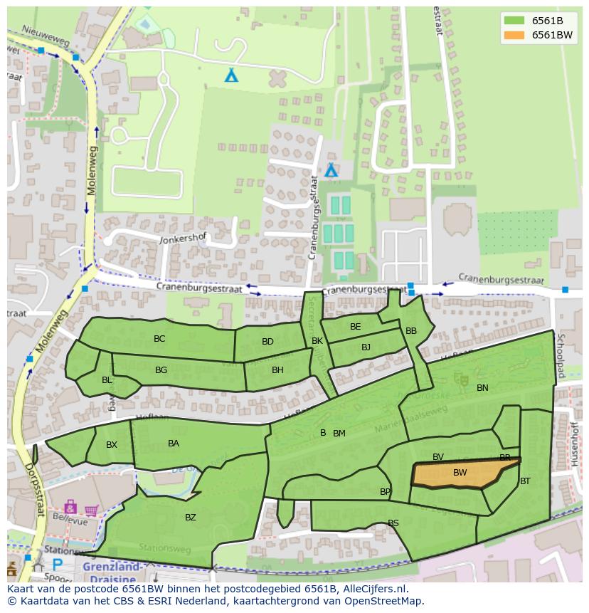 Afbeelding van het postcodegebied 6561 BW op de kaart.