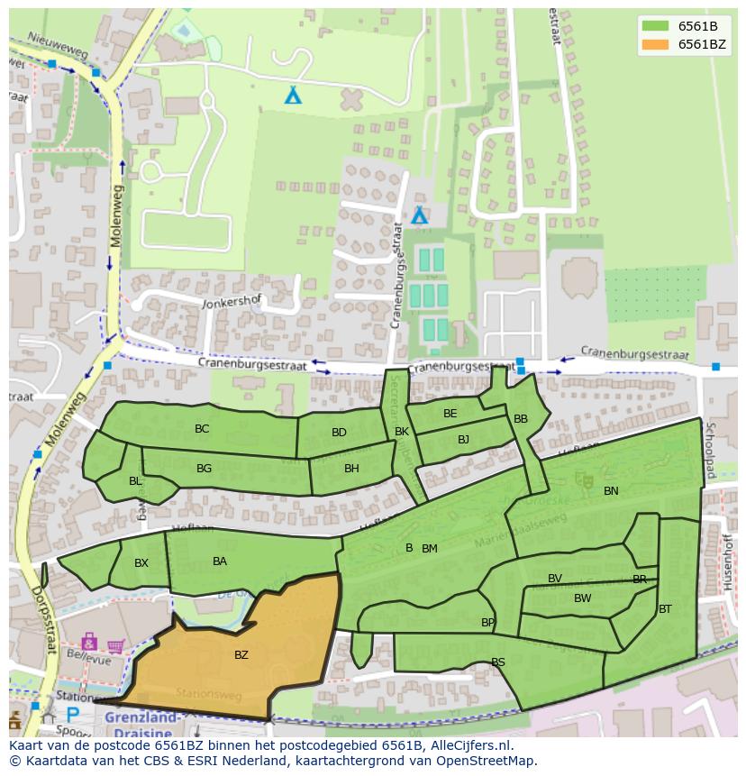 Afbeelding van het postcodegebied 6561 BZ op de kaart.