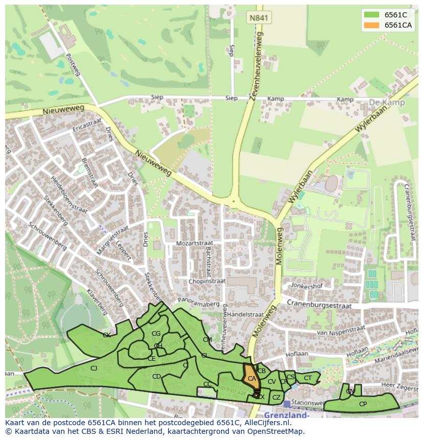 Afbeelding van het postcodegebied 6561 CA op de kaart.