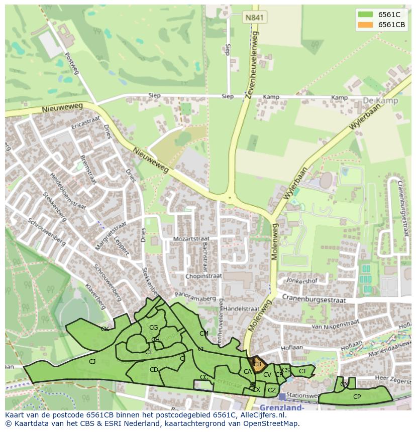 Afbeelding van het postcodegebied 6561 CB op de kaart.