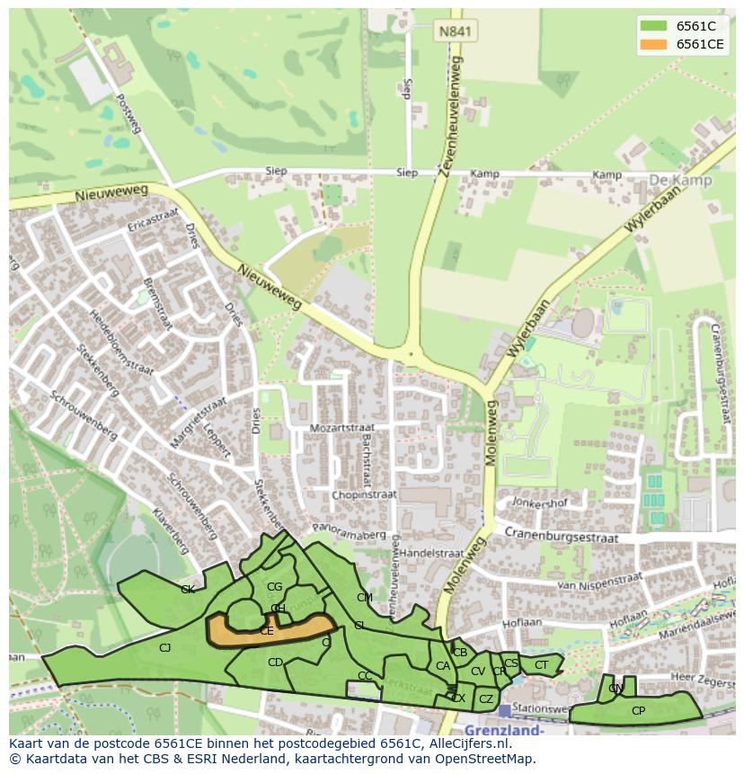 Afbeelding van het postcodegebied 6561 CE op de kaart.