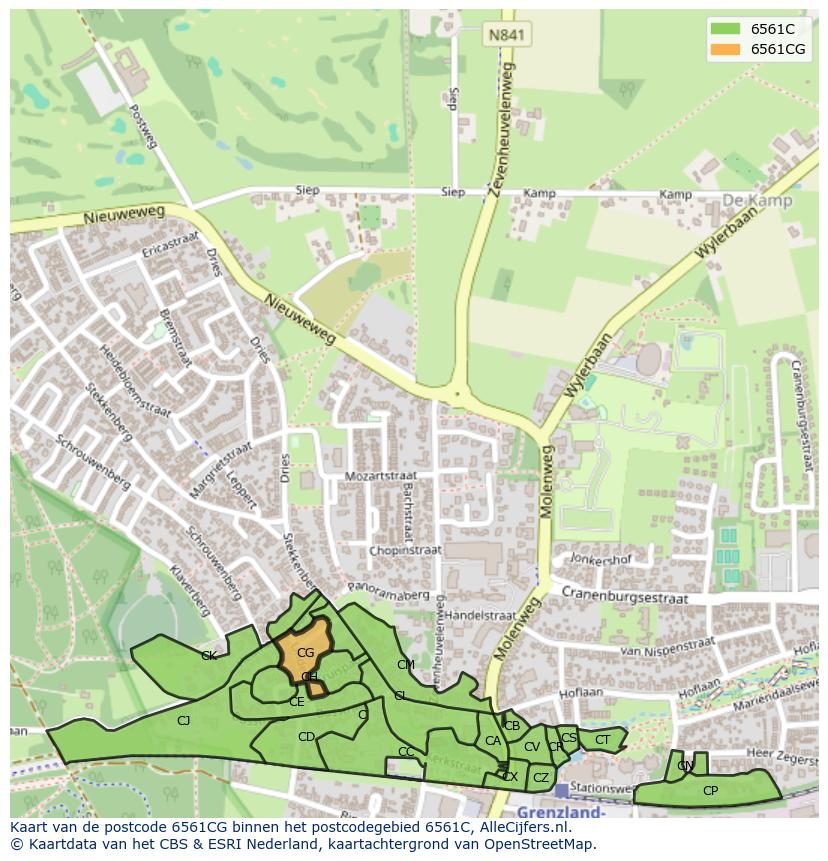 Afbeelding van het postcodegebied 6561 CG op de kaart.