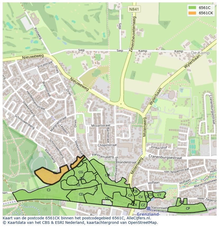 Afbeelding van het postcodegebied 6561 CK op de kaart.