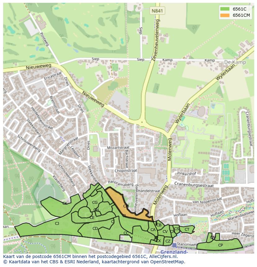 Afbeelding van het postcodegebied 6561 CM op de kaart.