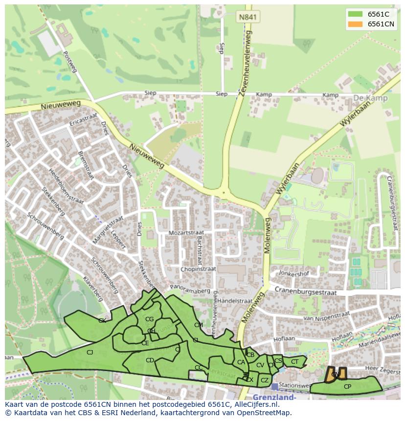 Afbeelding van het postcodegebied 6561 CN op de kaart.