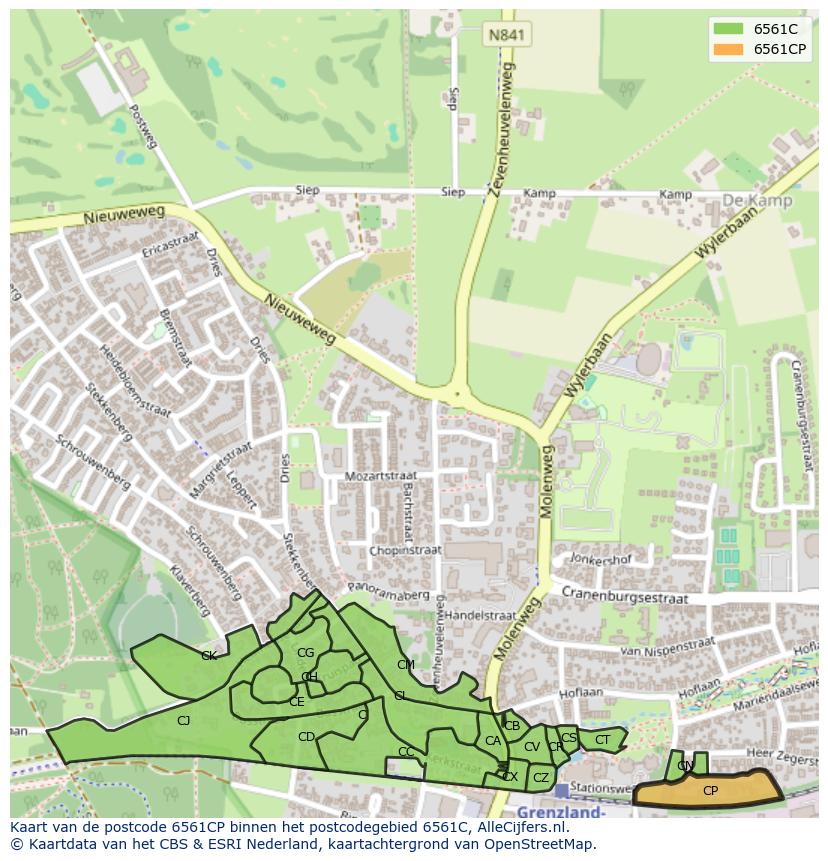 Afbeelding van het postcodegebied 6561 CP op de kaart.