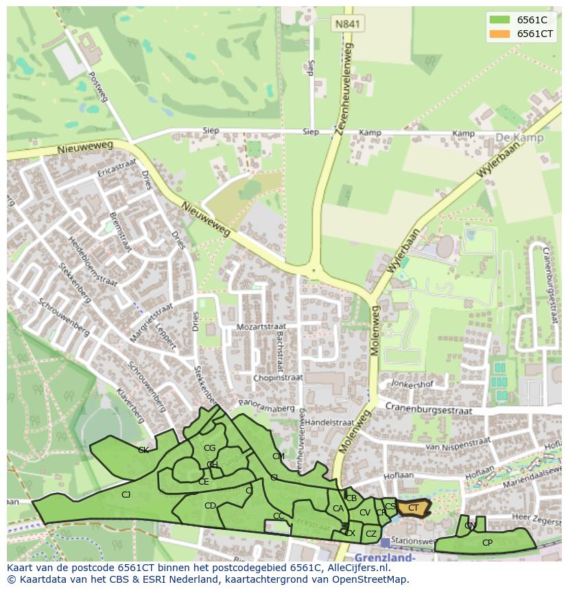 Afbeelding van het postcodegebied 6561 CT op de kaart.